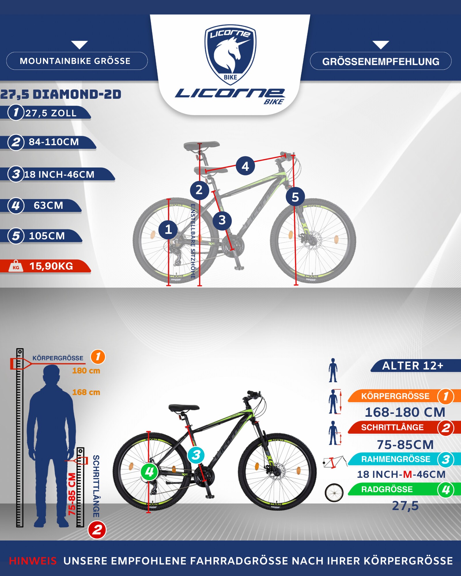Licorne Bike Diamond Premium Mountainbike Aluminium, Fahrrad für Jungen, Mädchen, Herren und Damen - 21 Gang-Schaltung - Scheibenbremse Herrenrad, einstellbare Vordergabel 26, 27.5 und 29 Zoll