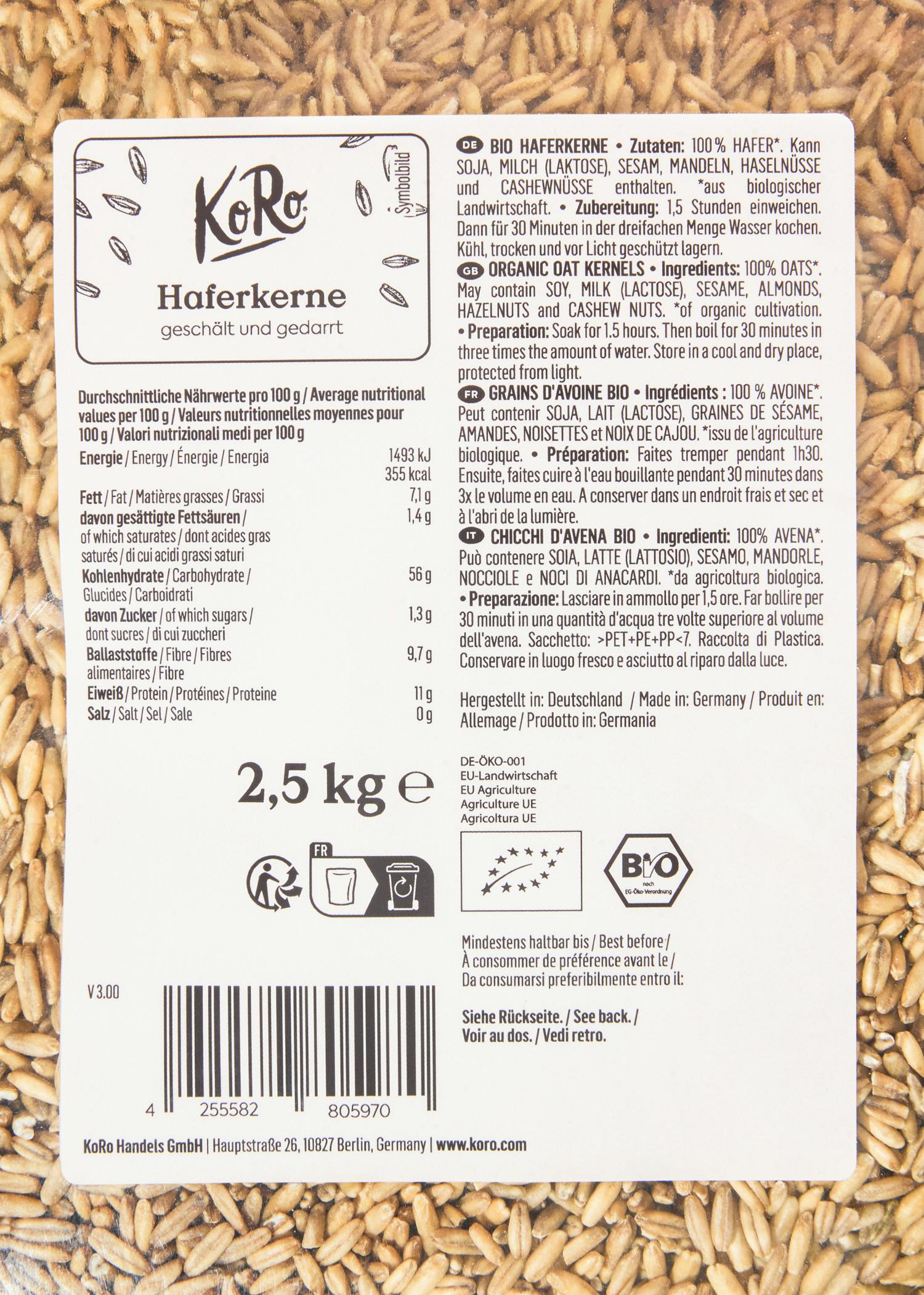 Bio Haferkerne 2,5 kg