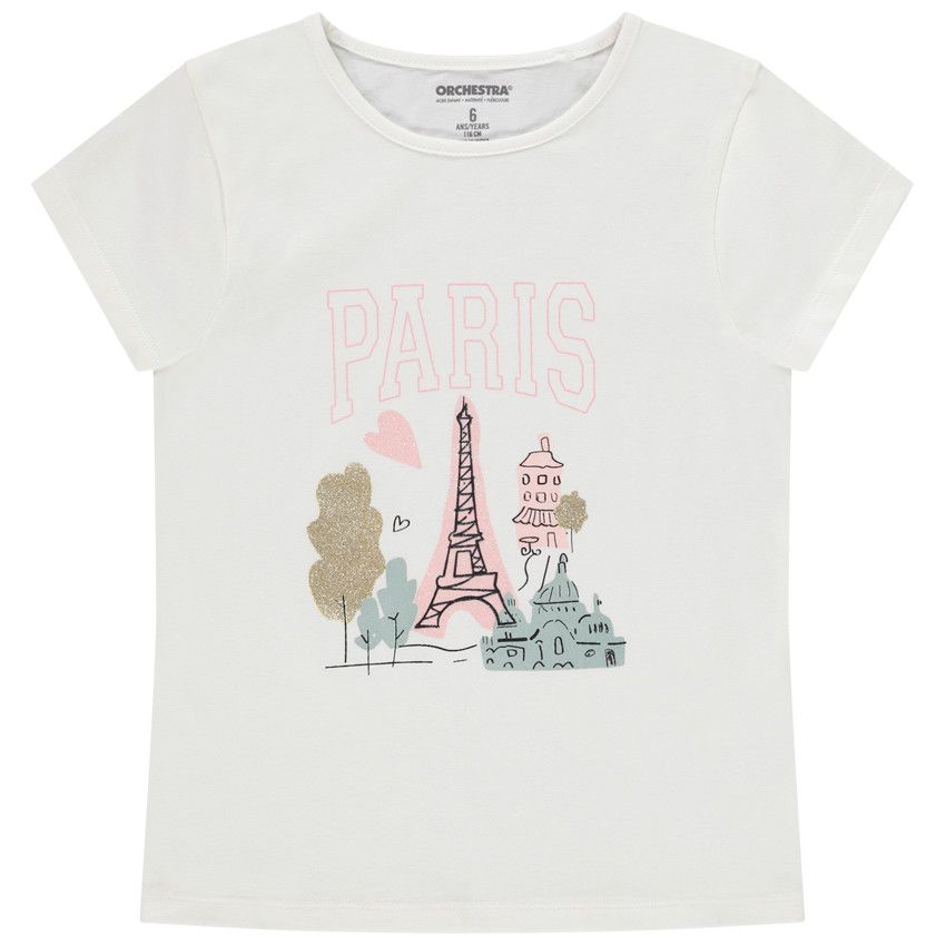 T-shirt manches courtes print pailleté capitale pour fille - Ecru