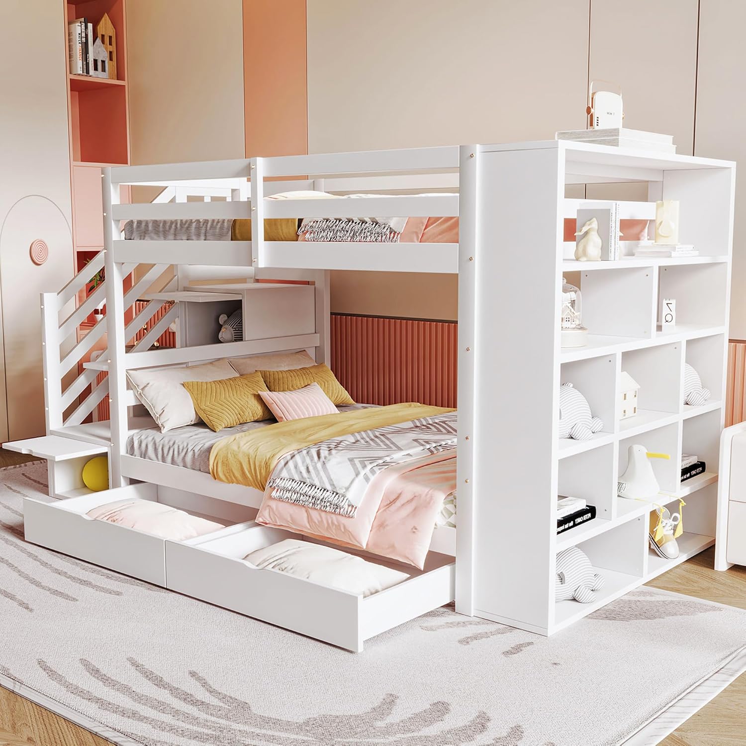 Etagenbett 2 Kinder Kinderbett 90x200 cm mit Schließfächern und Schublade, Hochbett mit Treppe und Rausfallschutz, Stockbett Holzbett Bettgestell mit Lattenrost, Weiß, Ohne Matratze