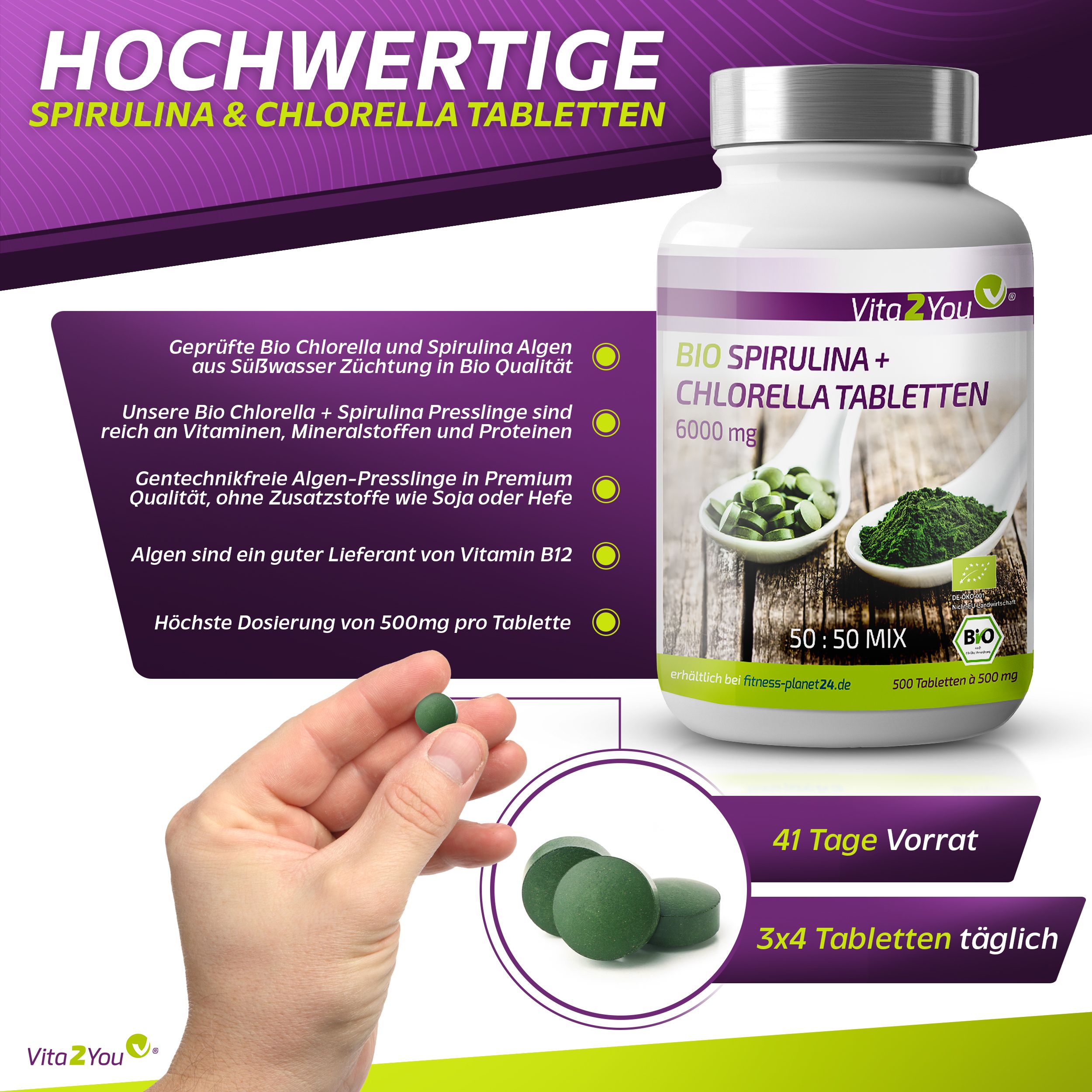 Vita2You Bio Spirulina + Chlorella Tabletten 6000mg