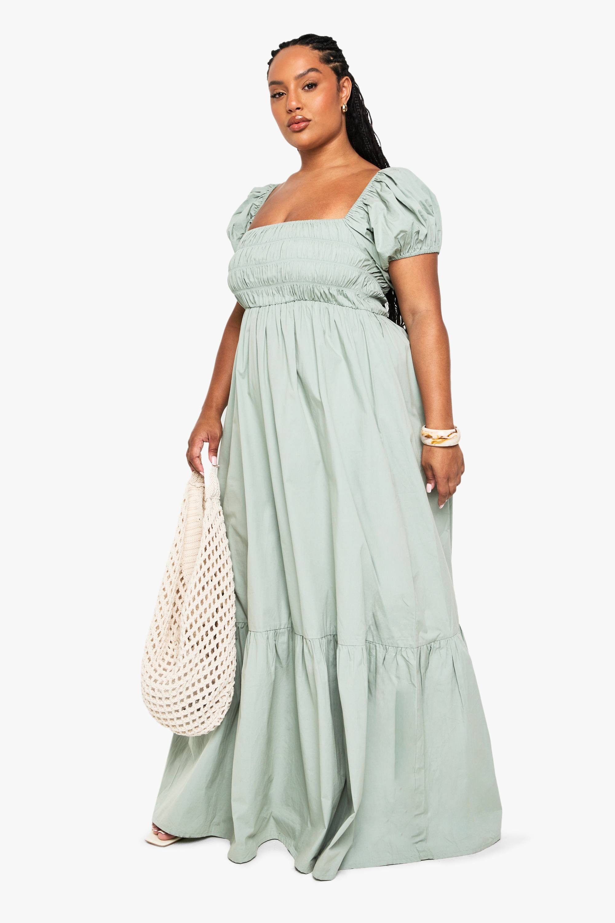 boohoo Robe Maxi Grande Taille En Popeline De Coton À Manches Bouffantes