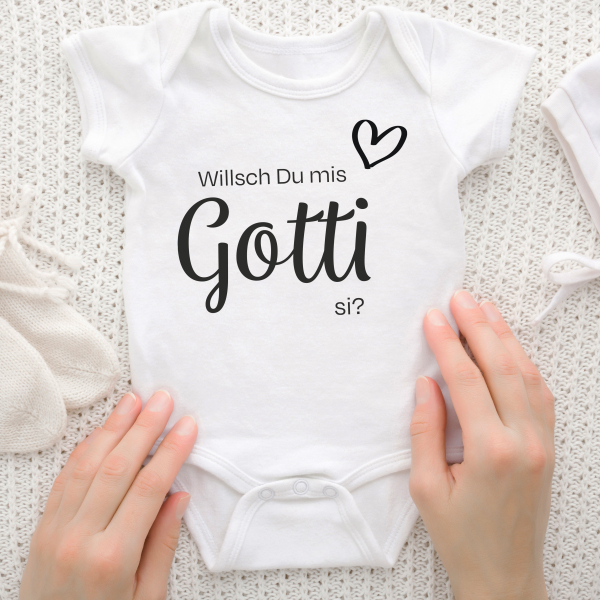 Baumwoll Baby Body Kurzarm Strampler mit Botschaft (Gr. 62/68) - Willsch Du mis Gotti si?