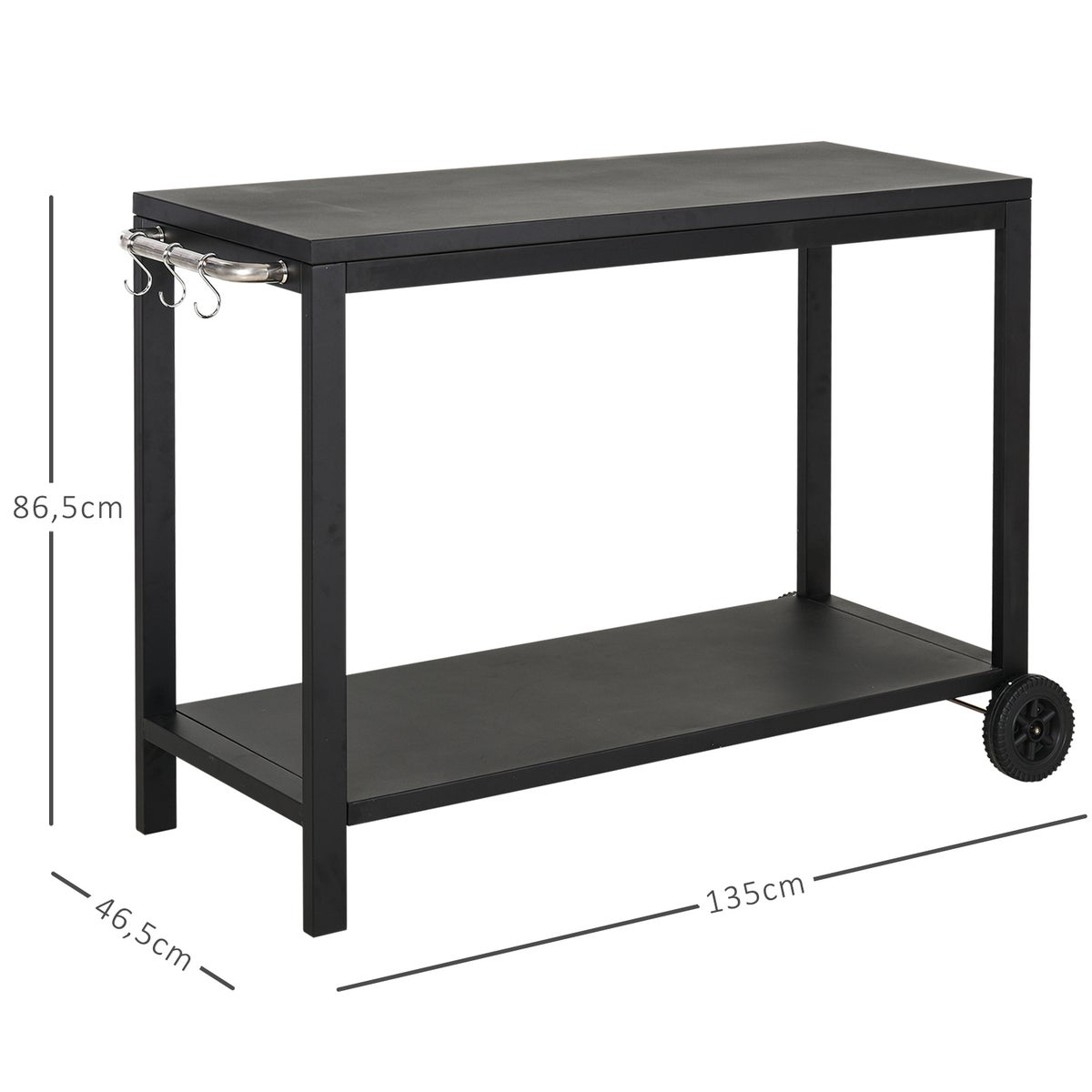 HOMCOM Keukentrolley met wielen, serveerwagen, rolwagen met haken en roestvrijstalen handgrepen, keukentrolley, zwart, 135 x 46,5 x 86,5 cm