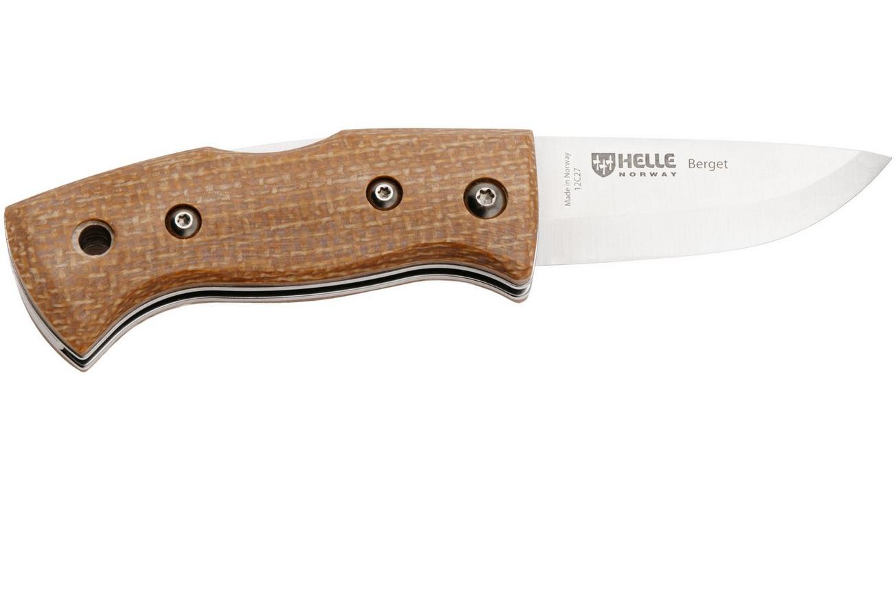 Helle 761 Berget, 2001763, Satin Sandvik 12C27, Mustard Jute Micarta bushcraft zakmes