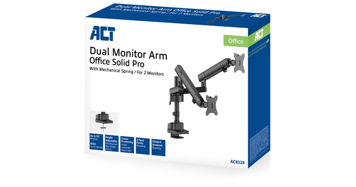 ACT ConnectivityMonitorarm office solid pro, mechanische veer, 2 monitoren  (Zwart)