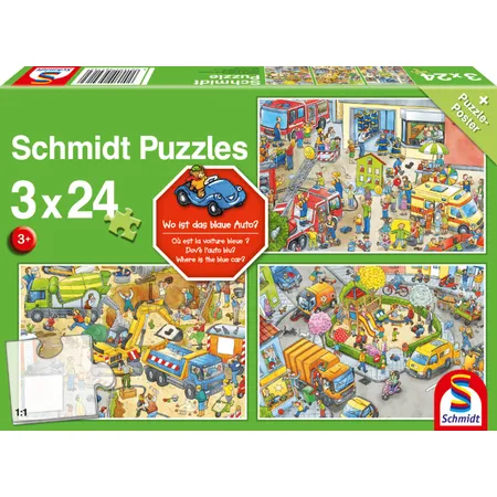 Schmidt Spiele KinderPuzzle - Wo ist das blaue Auto? 3 x 24 Teile