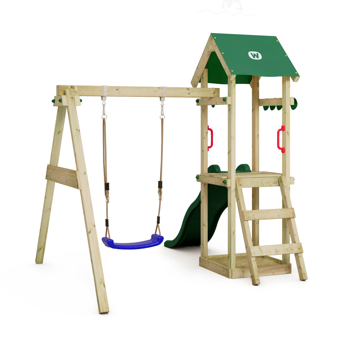 WICKEY TinyWave Speeltoren Klimrek met Schommel en Glijbaan, Klimtoren met Zandbak, Ladder en Speelaccessoires - Groen