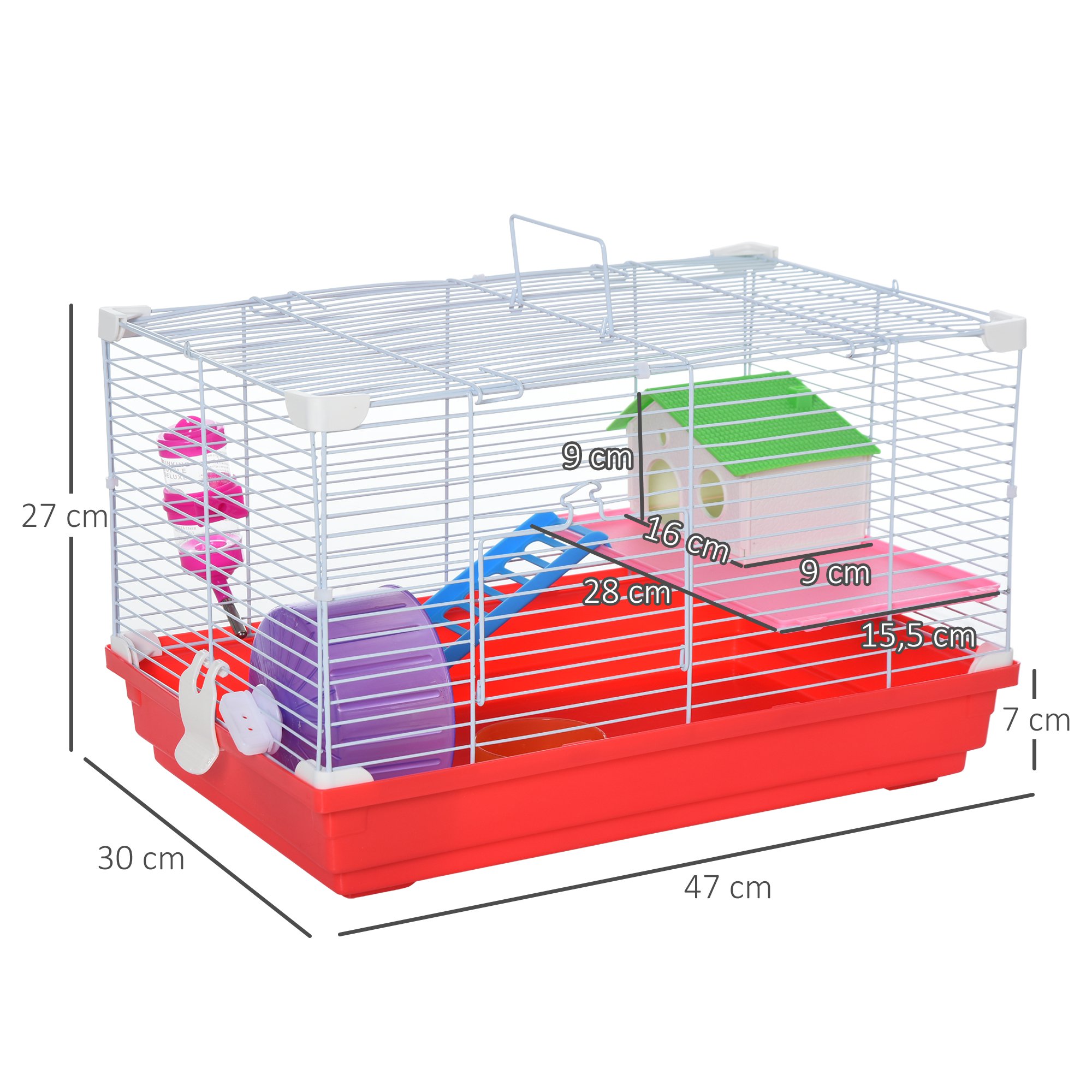 Gaiola PawHut para Hamster, Casinha para Hamster 47x30x27 cm com 1 Andar, Comedouro, Bebedouro, Rampa, Roda de Exercícios para Pequenos Animais, Branca e Vermelha