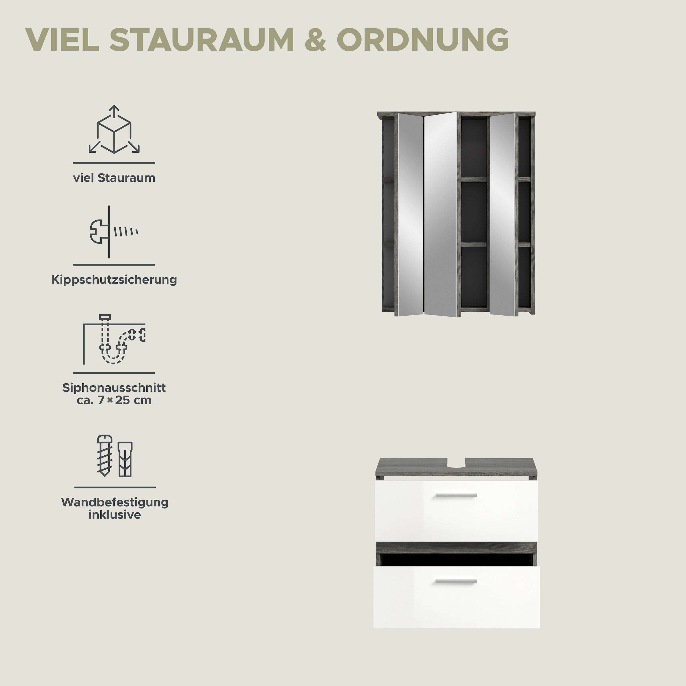 welltime Badmöbel-Set »Lucca, bestehend aus: 1x Waschbeckenunterschrank & 1x Spiegelschrank« Set, 2 Stk. tlg.