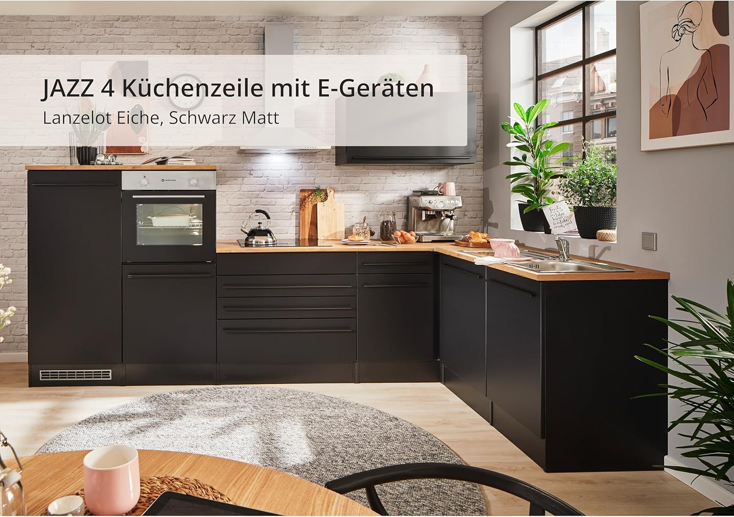 Jazz 4 Moderne Eckküche mit Elektrogeräten in Schwarz matt, Lanzelot Eiche Optik - Geräumige Küchenzeile in L-Form mit viel Stauraum - 320 x 200 x 60 cm (B/H/T)