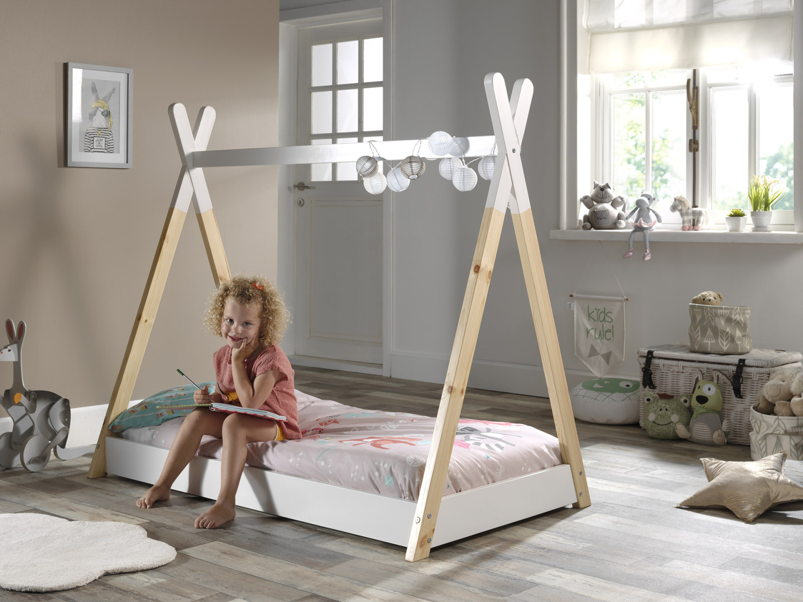 Kinderbett TIPI - weiß-natur - Kiefer massiv - 70x140 cm