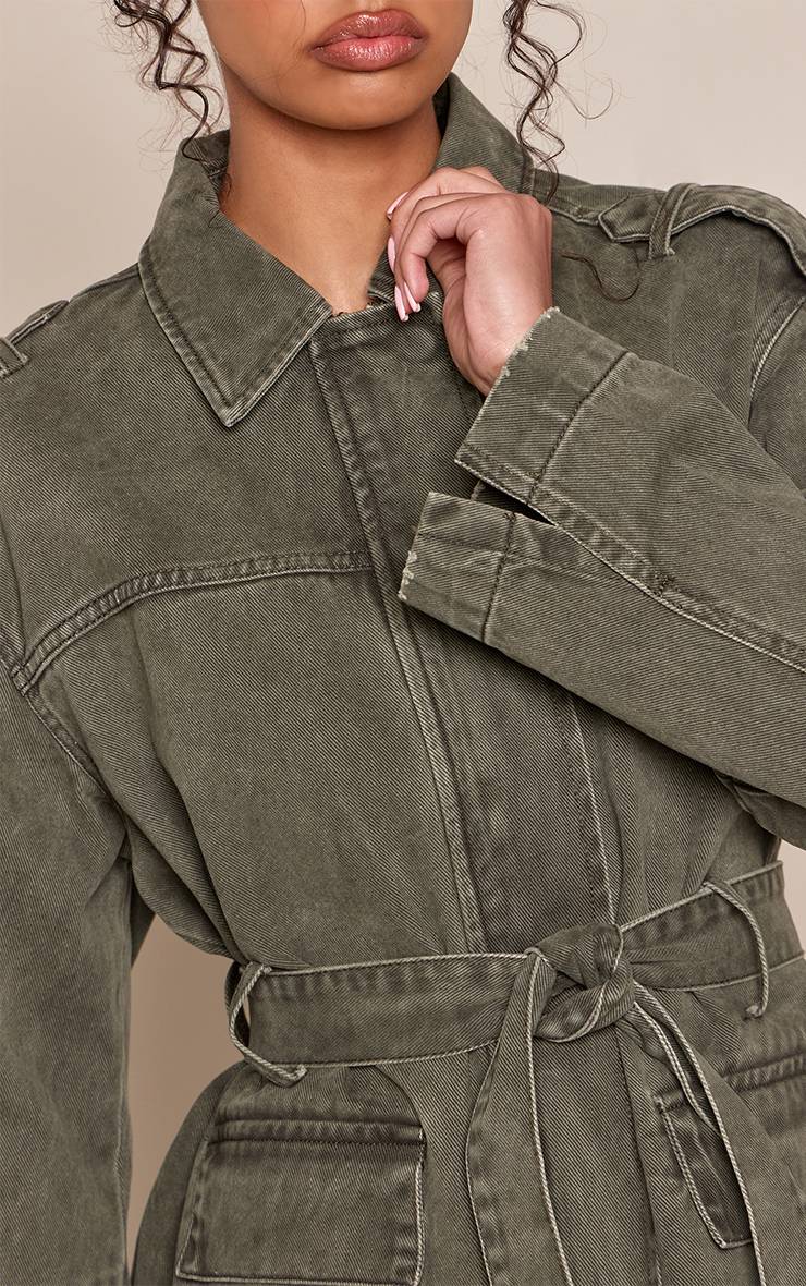 Kaki Surchemise En Denim À Taille Ceinturée