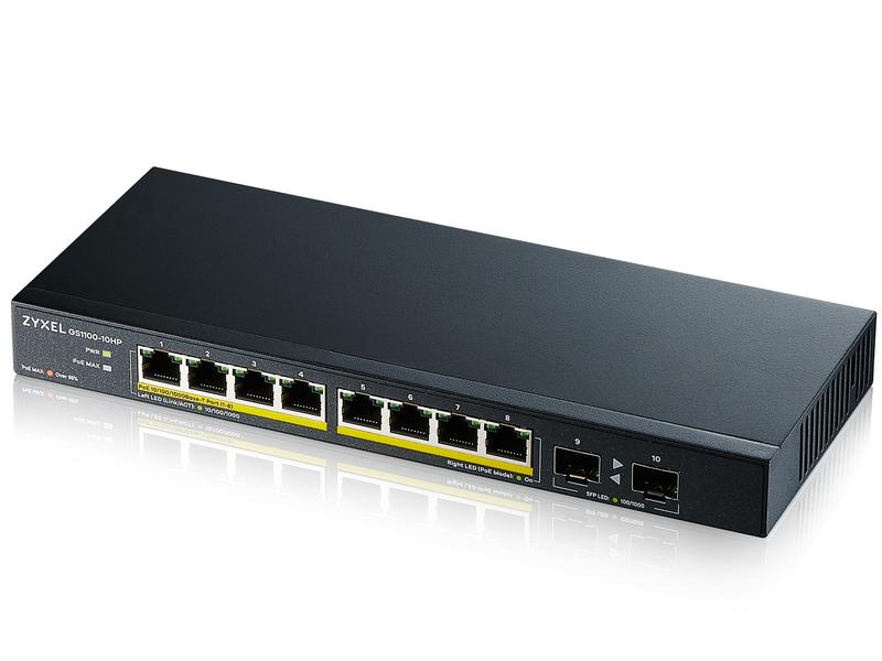 Zyxel PoE  Switch GS1100-10HP v2 10 Port Lüfterloser Unmanaged-Gigabit-Switch mit PoE  und 2x Fiber-Uplink