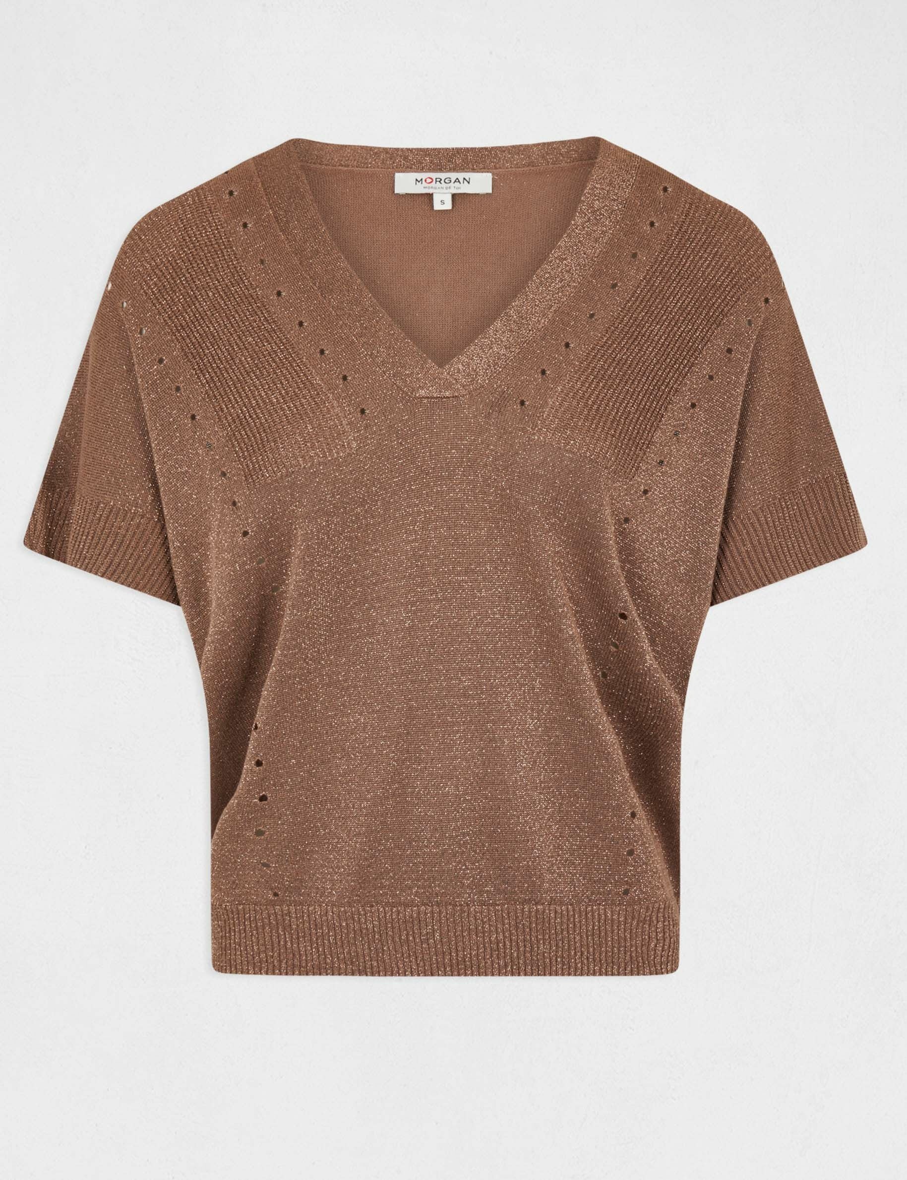 Pull manches courtes à col en V rouille femme - rouille