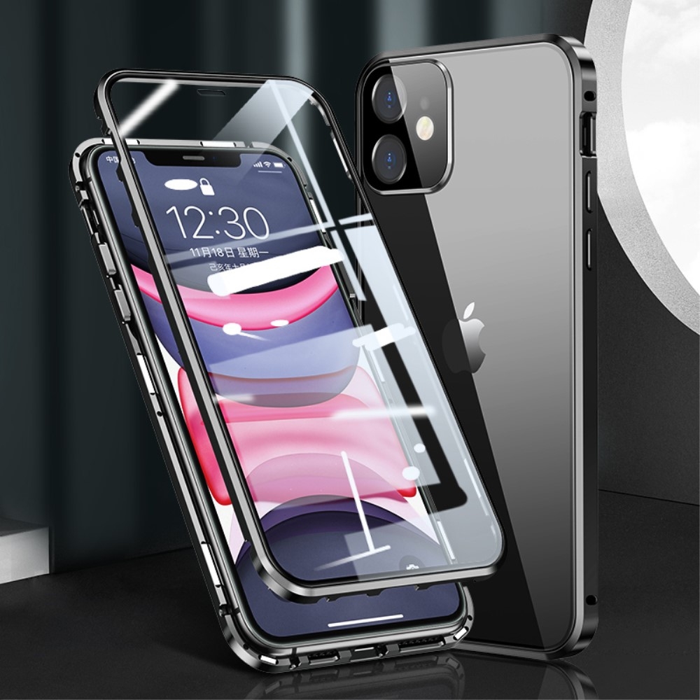 iPhone 11 Magnetische Alu Schutzhülle mit Panzer Glas Backcover   Display- / Kameraglasschutz (Magnet-Technologie) - Schwarz