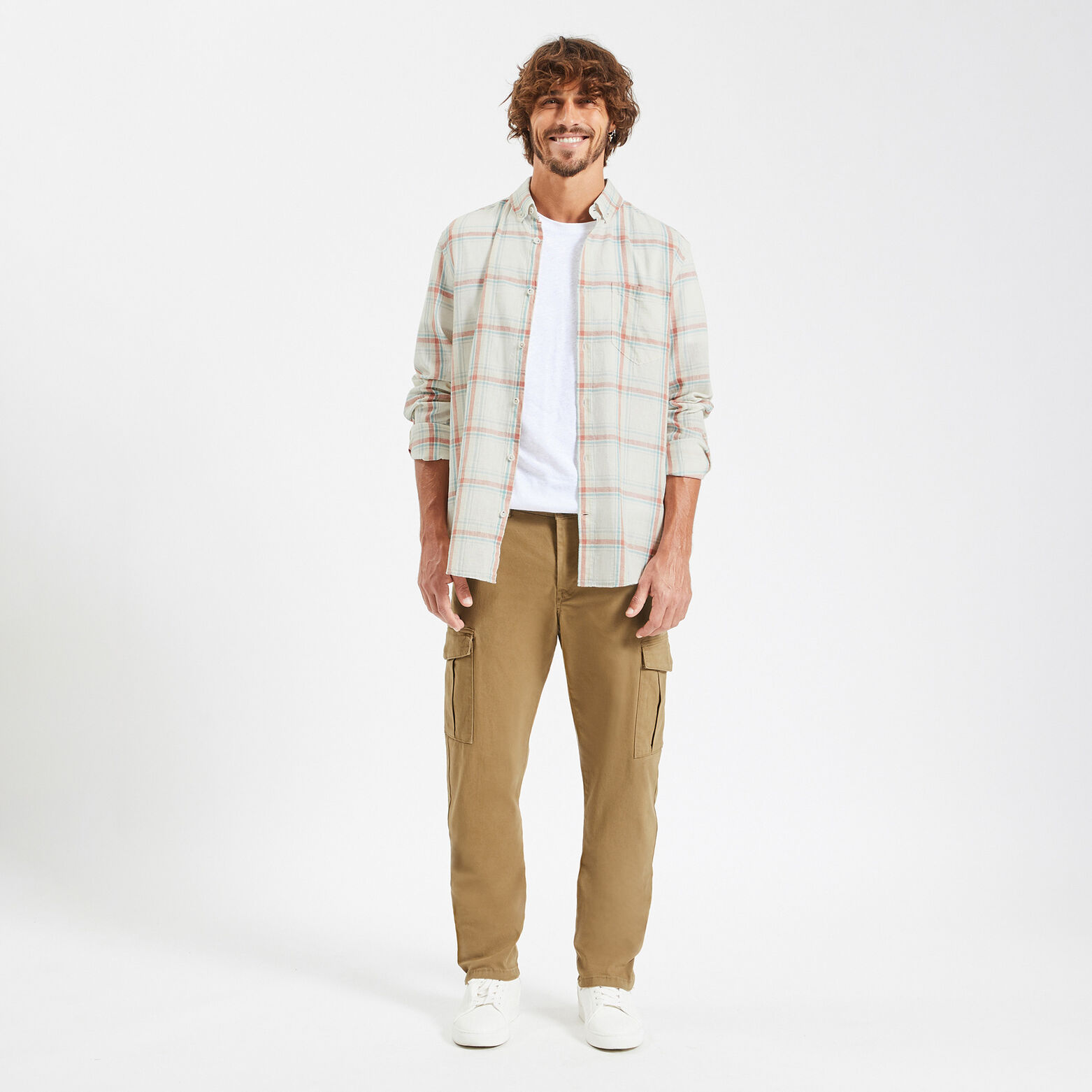 Pantalon cargo droit poches côtés Beige