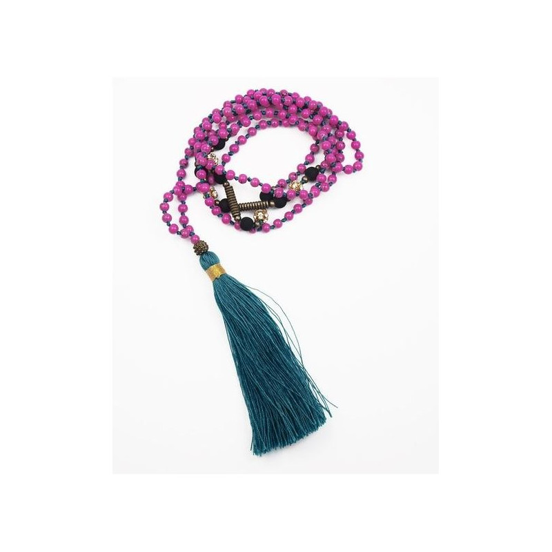 Long collier, perles rose fuschia, pompon vert foncé, perles de strass et noir