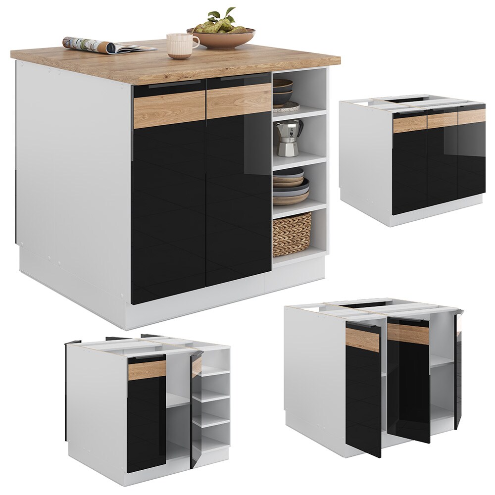 Vicco Kücheninsel Küchenblock Einbauküche Fame-Line Weiß Schwarz Eiche 90 cm modern Hochglanz Küchenschränke Küchenmöbel