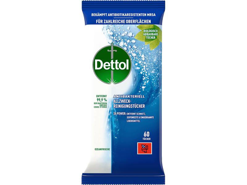 Dettol Allzweck-Reinigungstücher Ozeanfrische 60 Stück Antibakterieller Oberflächenreiniger mit Ozean-Duft