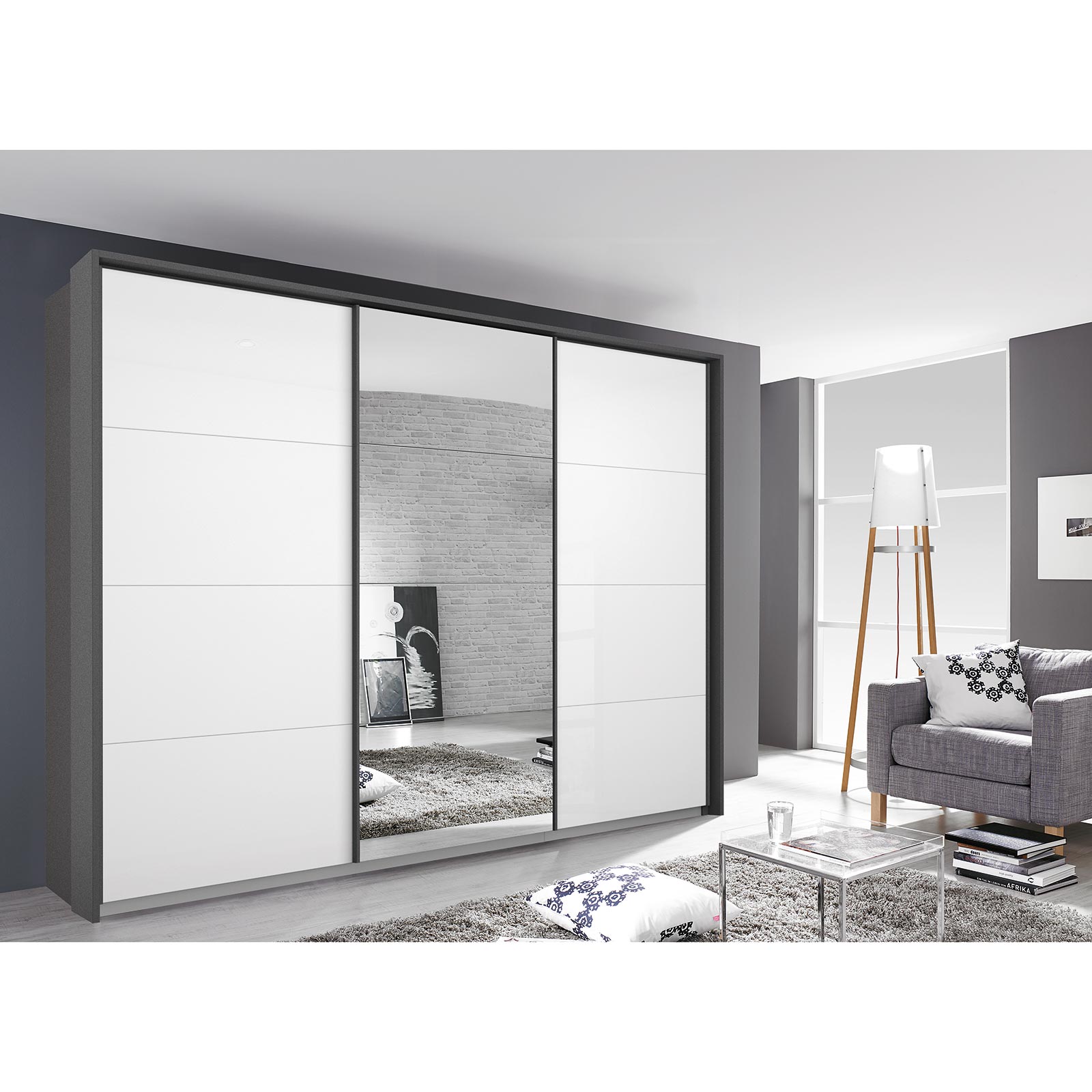 Schwebetürenschrank - weiß Hochglanz - grau metallic - mit Spiegel - 271x210 cm