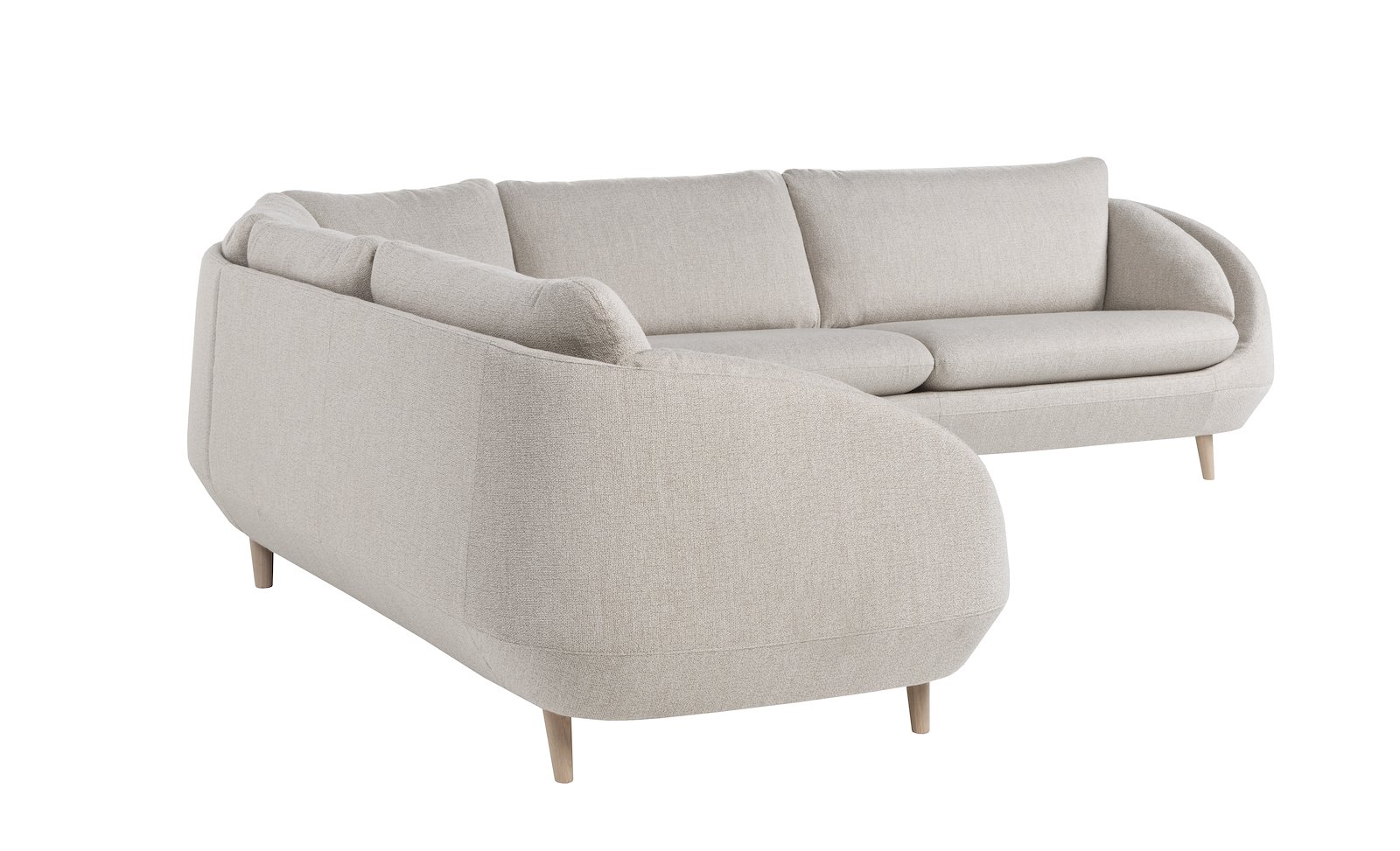 Ross hjørnesofa 3/3,5 hjørnesofa. Tekstil Mosso Kitt med hvitpigmenterte ben 516