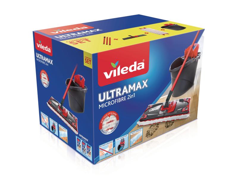 Vileda Flachwischer UltraMax 2 in 1 Komplett Set Wischer und Eimer mit Powerpresse