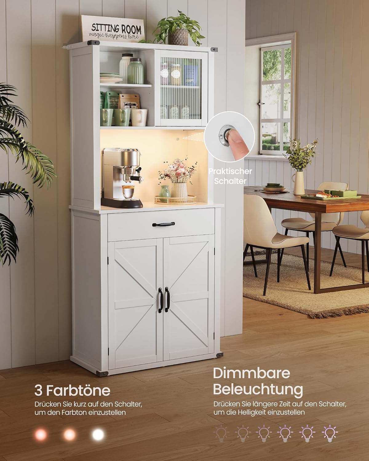 VASAGLE Sideboard mit Beleuchtung, Aufbewahrungsschrank, mit Türen und Schubladen, Küchenschrank, Kaffeebar, verstellbare Ablage, Landhausstil, wolkenweiß BBK363W21