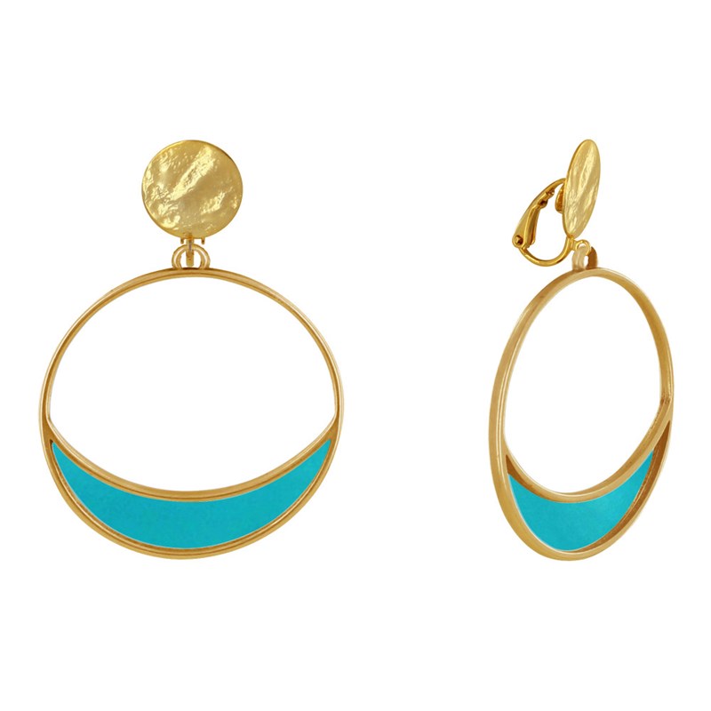 Boucles d'Oreilles Clip Métal Doré Cercle et Croissant de Lune Translucide Coloré