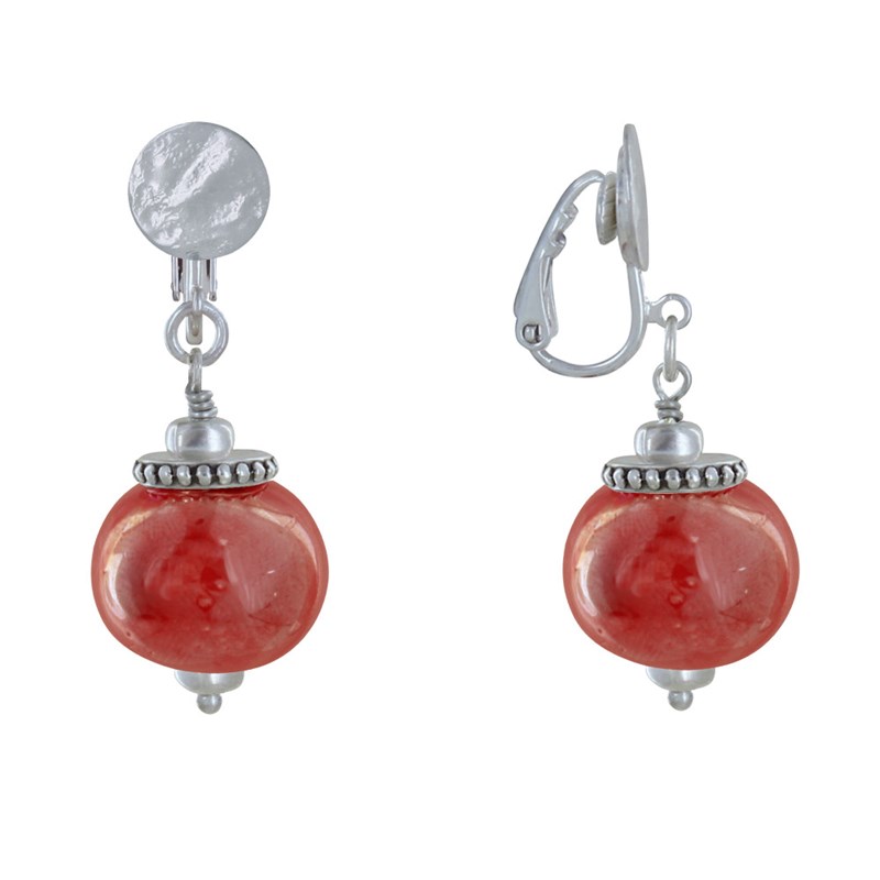 Boucles d'Oreilles Clip Métal Argenté et Grosses Perles en Céramique