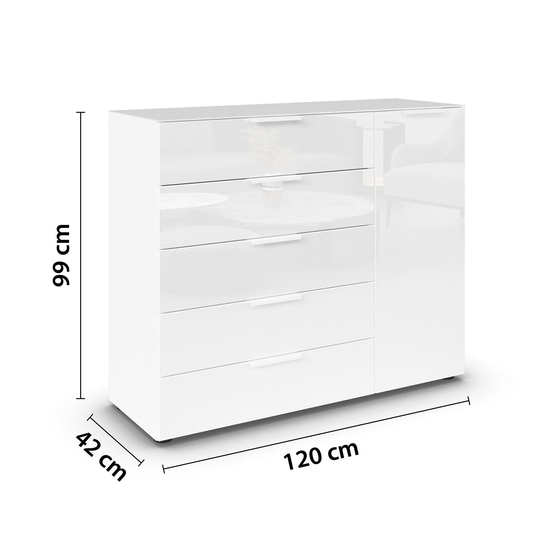 Kommode - alpinweiß-Kristallweißglas - weiße Griffe - 120 cm
