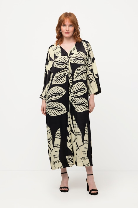 Midikleid, Palmen, Drapierung, V-Ausschnitt, Halbarm