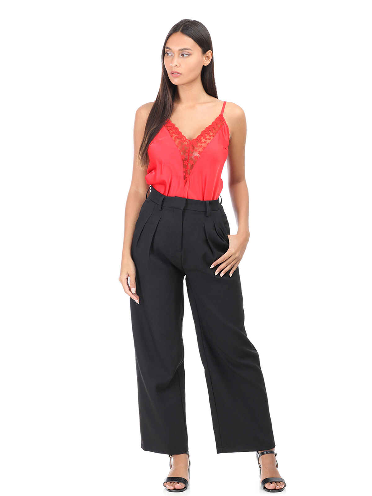 Pantalon palazzo en crêpe taille haute- Noir