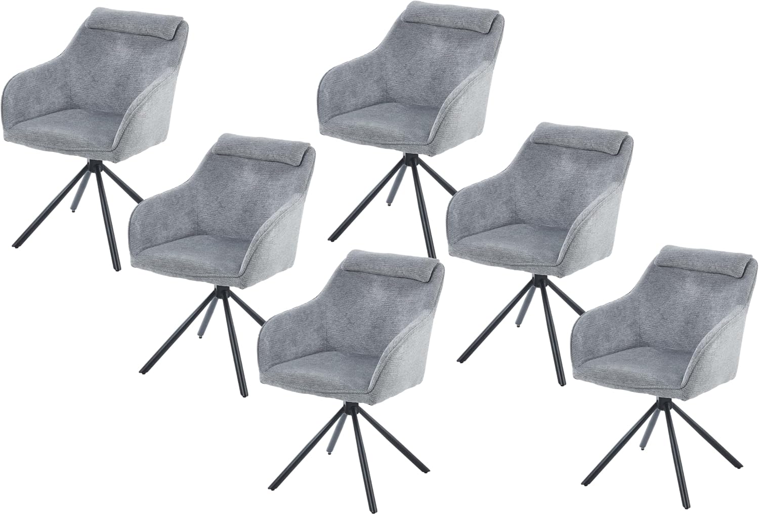 SAM 6er Set Esszimmerstuhl Mucki | Stoffbezug | Farbe: Silber | 360° drehbares Metallgestell | Integriertes Kopf- & Nackenkissen | Armlehnen | Drehstuhl für Esszimmer & Büro