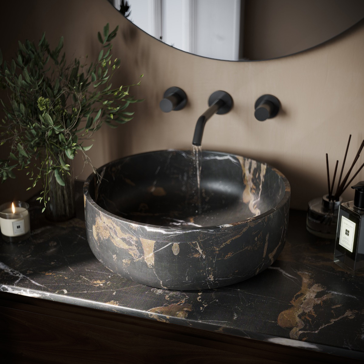 Fontana Portoro Gold marmer badmeubel 80cm mat wit met ribbelfront en toppaneel met ronde waskom