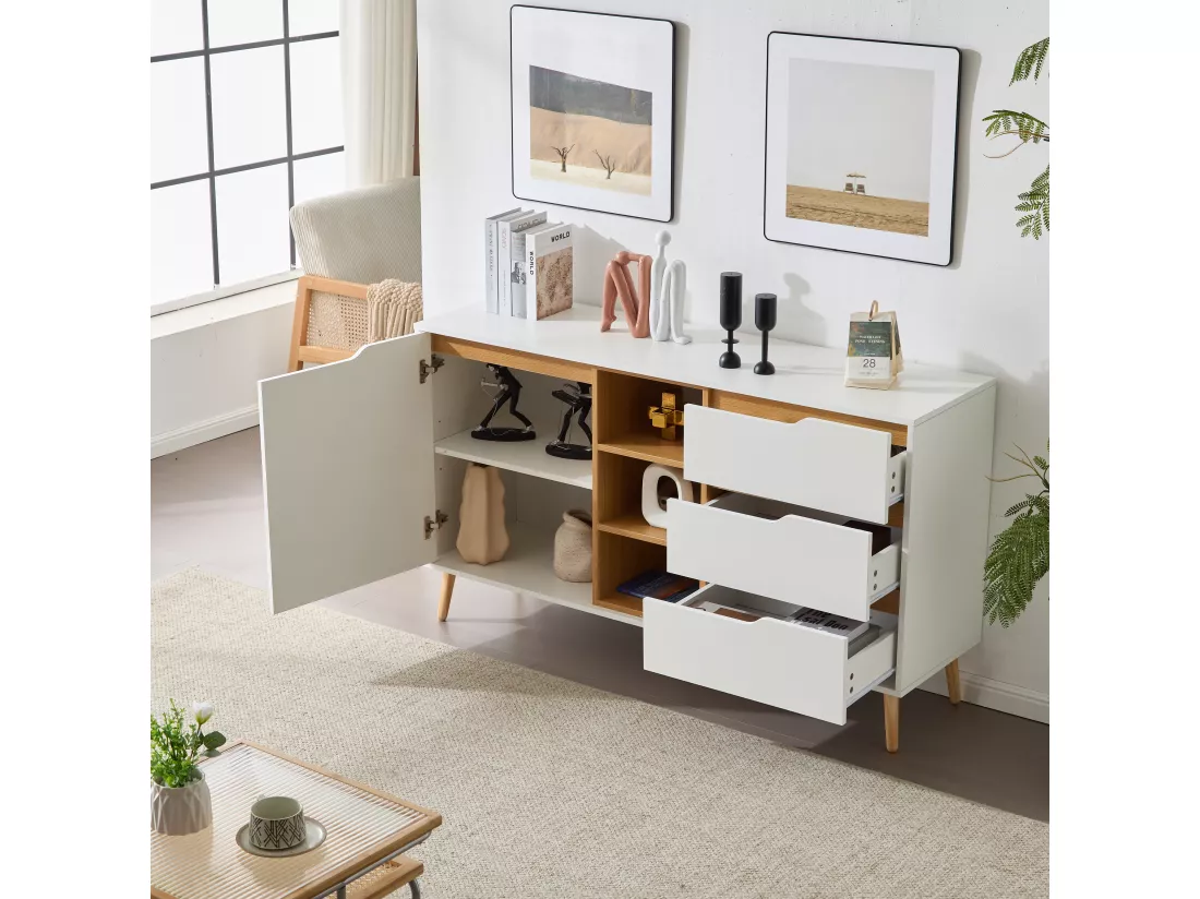 Buffet moderne avec étagères, 3 tiroirs et rangements ouverts - 140 x 40 x 80,5 cm - Blanc & Naturel