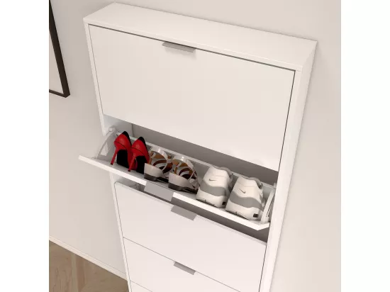 Commode à chaussures en bois de 5 abattants coloris blanc brillant - Dim : 180 x 70 x 17 cm