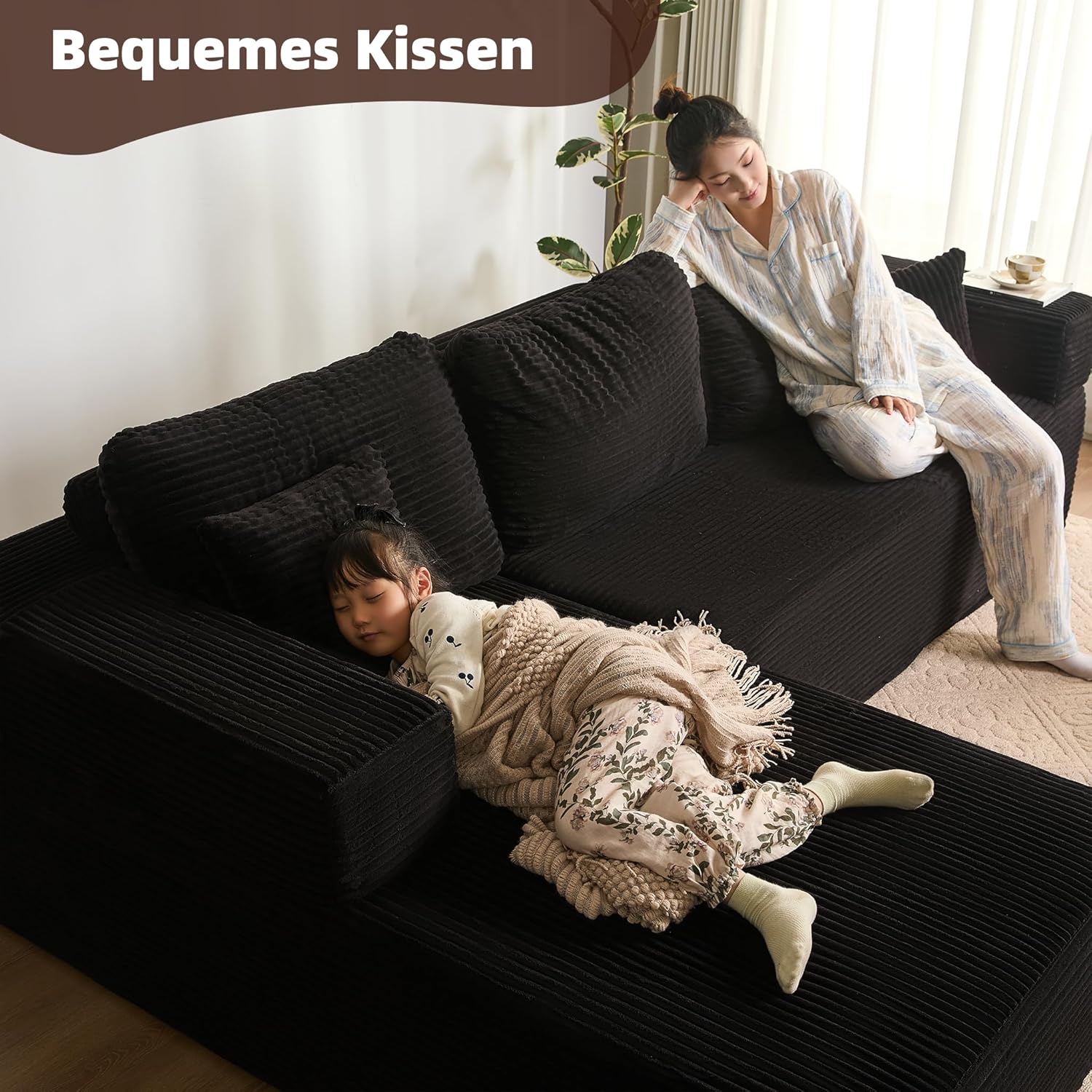 Modulares L-förmiges Ecksofa mit Schlaffunktion – rahmenloses Schlafsofa mit Chaiselongue Links, extra tiefer Sitzfläche, montagefrei, für Wohnzimmer,Schwarz
