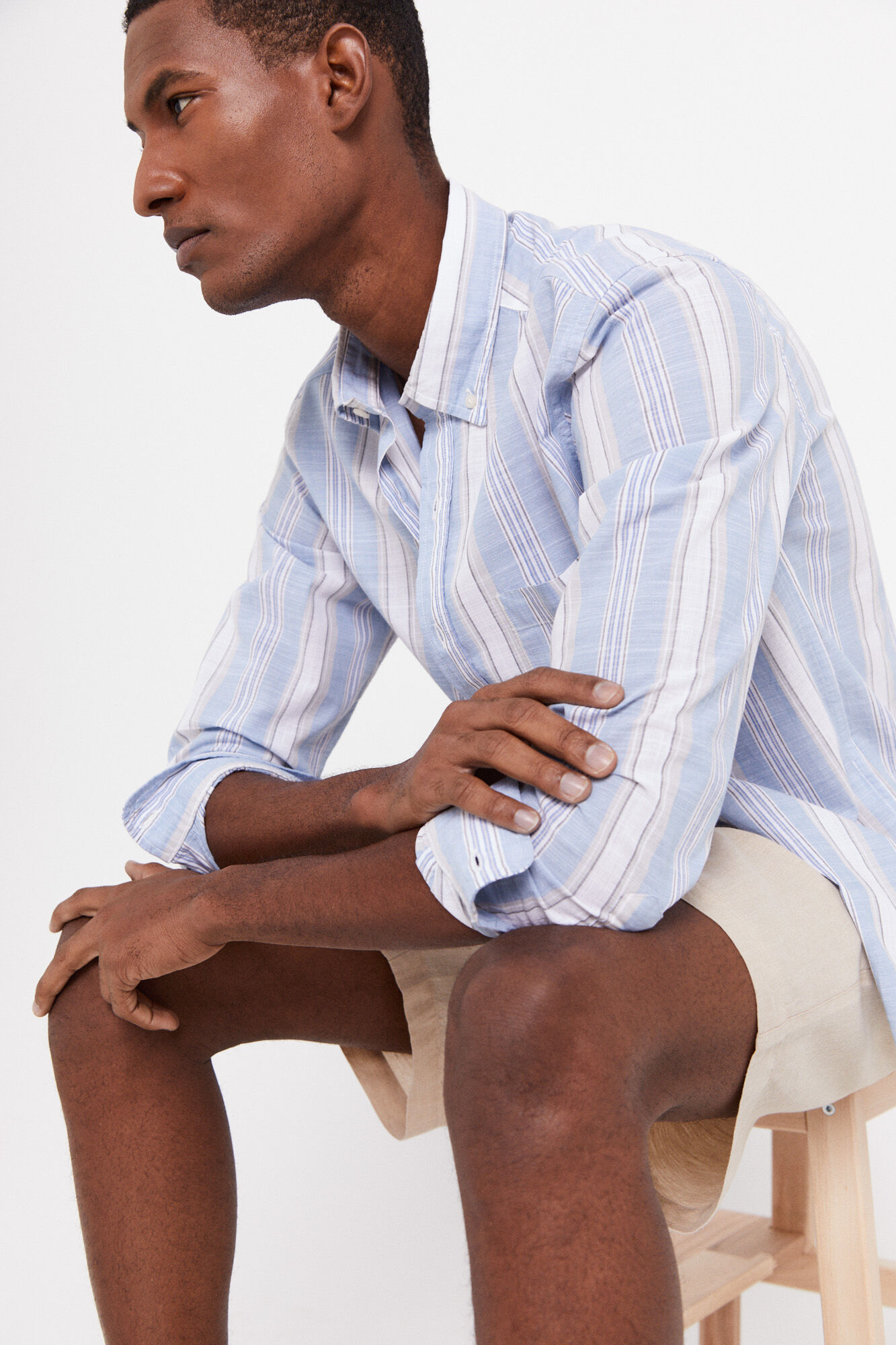 Camisa listrada de malha texturizada - Azul