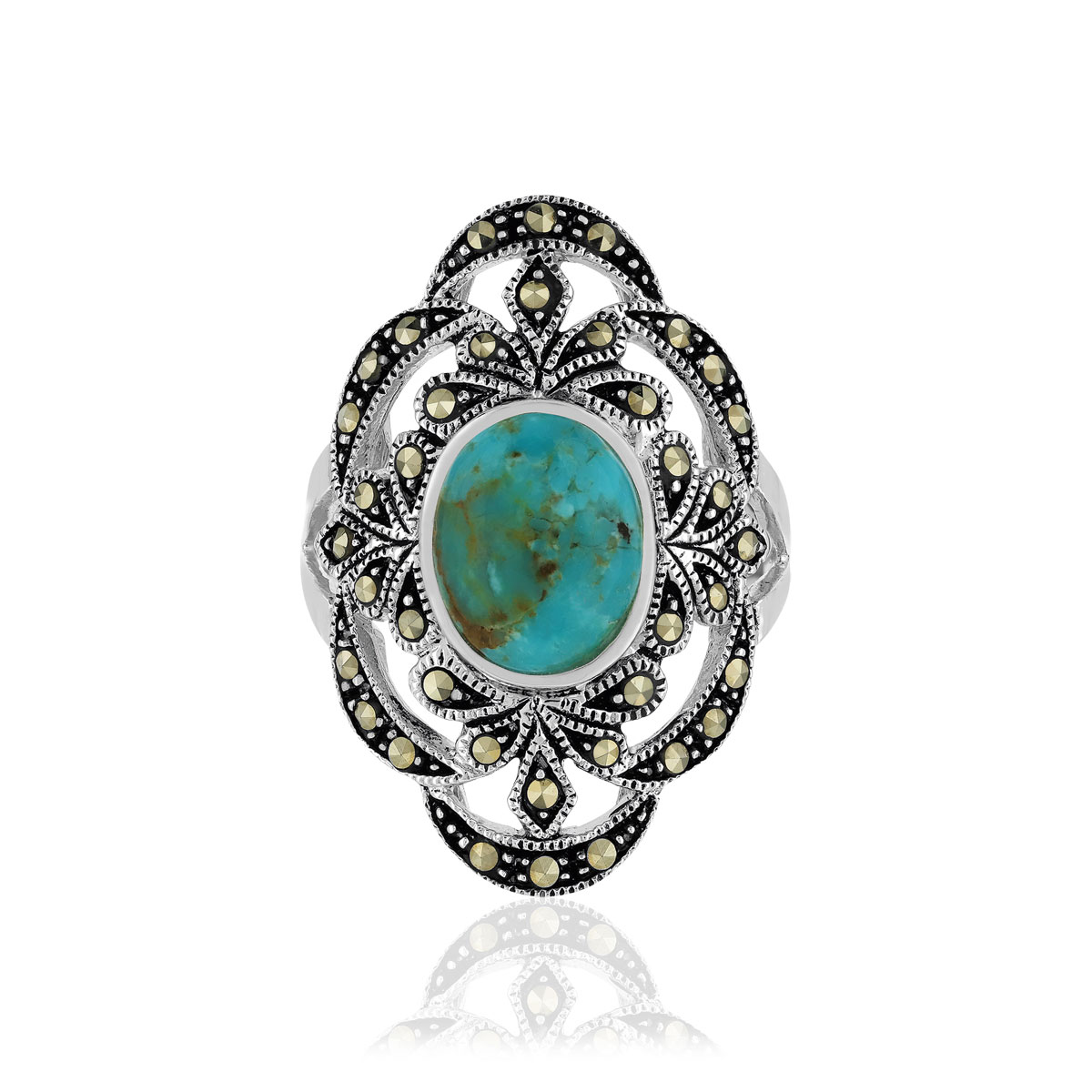 Bague argent 925 turquoise reconstituée marcassite