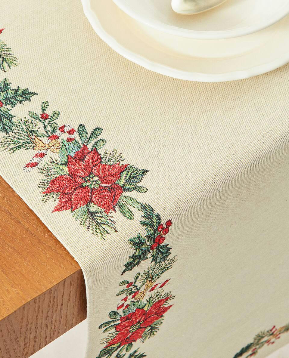 Caminho de mesa de algodão jacquard com estampa de poinsétia de Natal