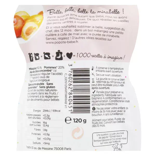Popote Les Fruits Bolsa Mirabelle Ameixa +6m Orgânico 120g