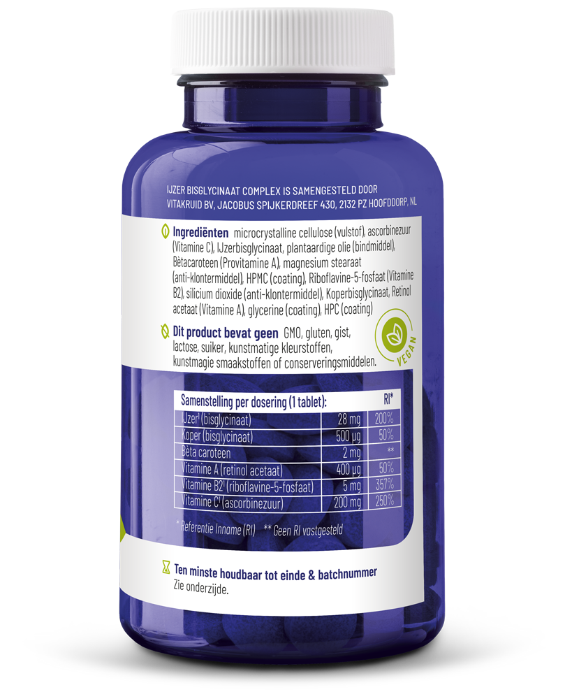 Vitakruid Ijzer Bisglycinaat 28 Complex Oa Koper Vitamine C (90 tabletten)