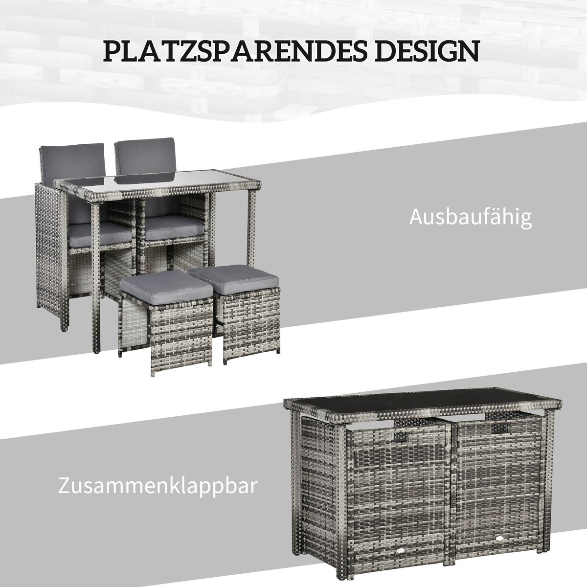 Outsunny 5-delige polyrotan tuinset, met kussens, 120L x 60B x 75H cm, metaal, gehard glas, polyester, grijs