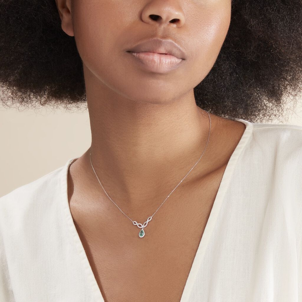 Collier Sissi Or Blanc Diamant Et Emeraude