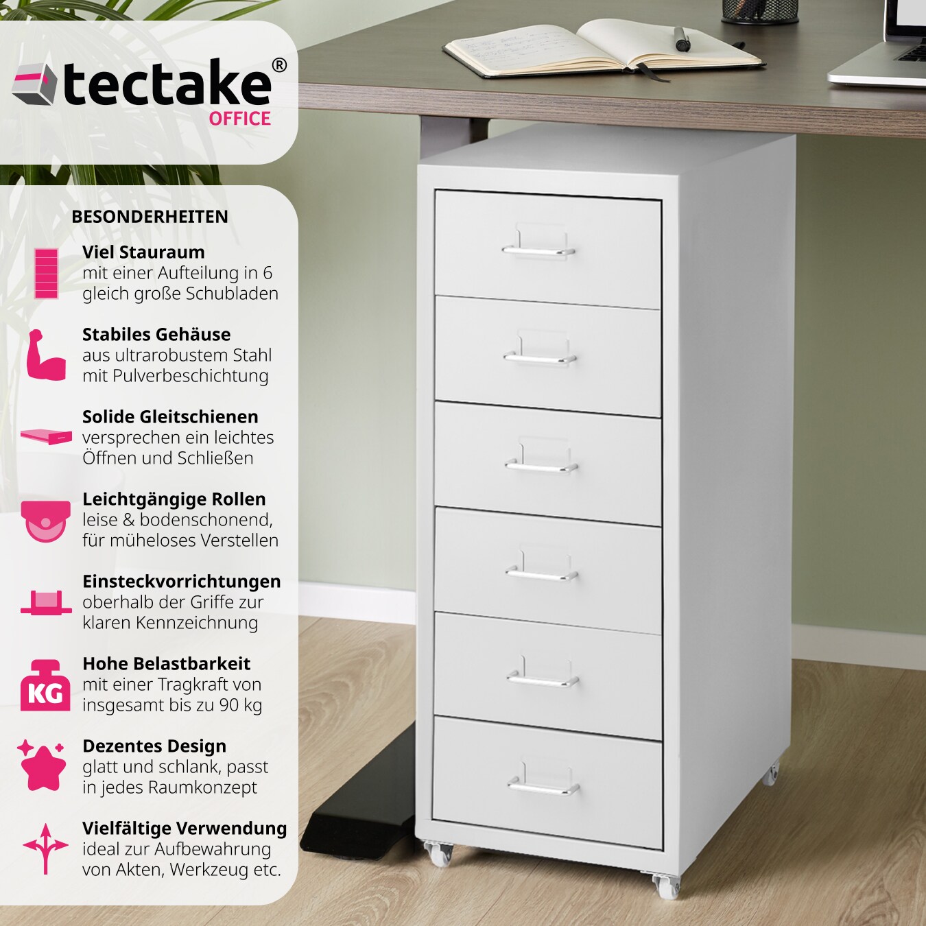tectake® Rollcontainer, aus Stahl, 4 leichtgängige Rollen, einfache Montage, 41 x 28 x 69 cm