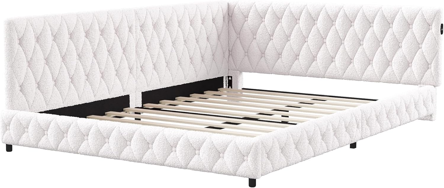 Polsterbett Schlafsofa 140x200 cm, Tagesbett 140x200, L Form Daybett, Jugendbett mit LED und USB, Doppelbett mit Lattenrost, Teddy-Samt, Ohne Matratze (Weiß)