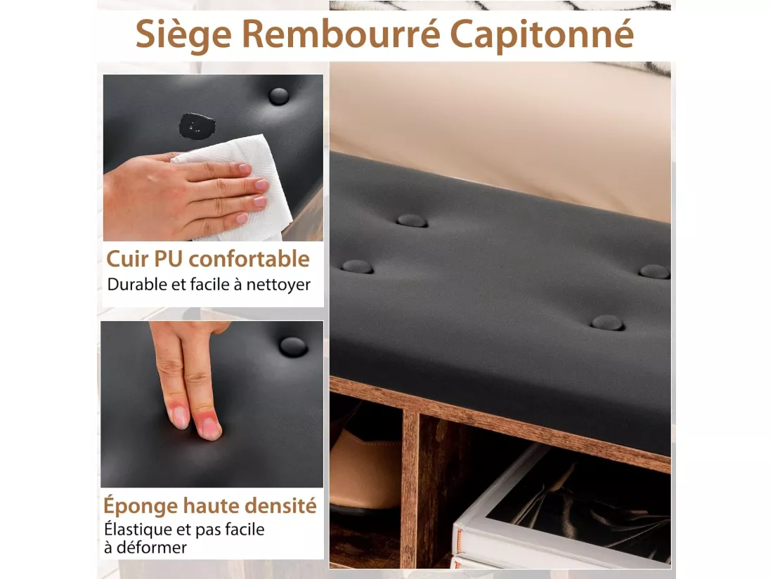 Banc à Chaussures avec Porte-Parapluie, Banc de Rangement 10 Compartiments avec Coussin Rembourré, Style Industriel, Charge 300 kg (Marron Rustique)