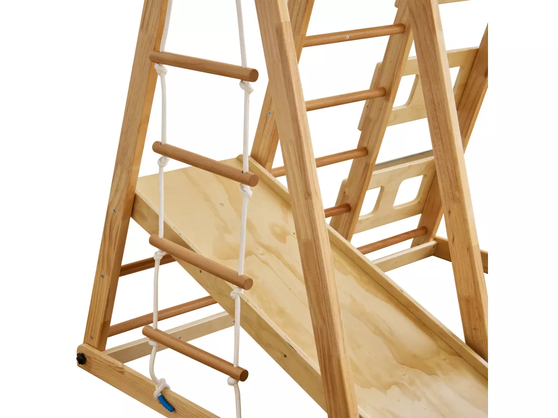 Aire de jeu 7 en 1 pour enfant - avec toboggan, barre d'escalade, balançoire, corde d'escalade, échelles en filet - couleur bois