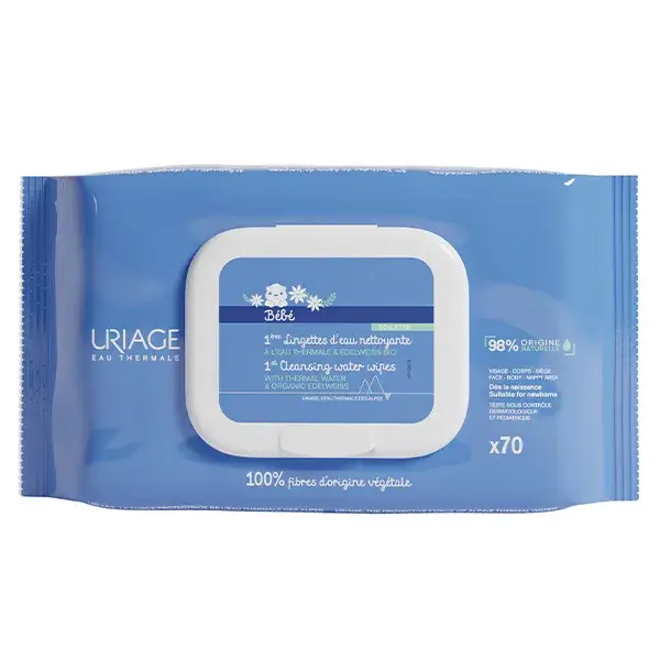 Lenços umedecidos Uriage Baby 1st Cleansing Water para rosto e corpo (70 unidades)